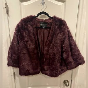Faux Fur Open Front Jacket - Burgundy 1XL
